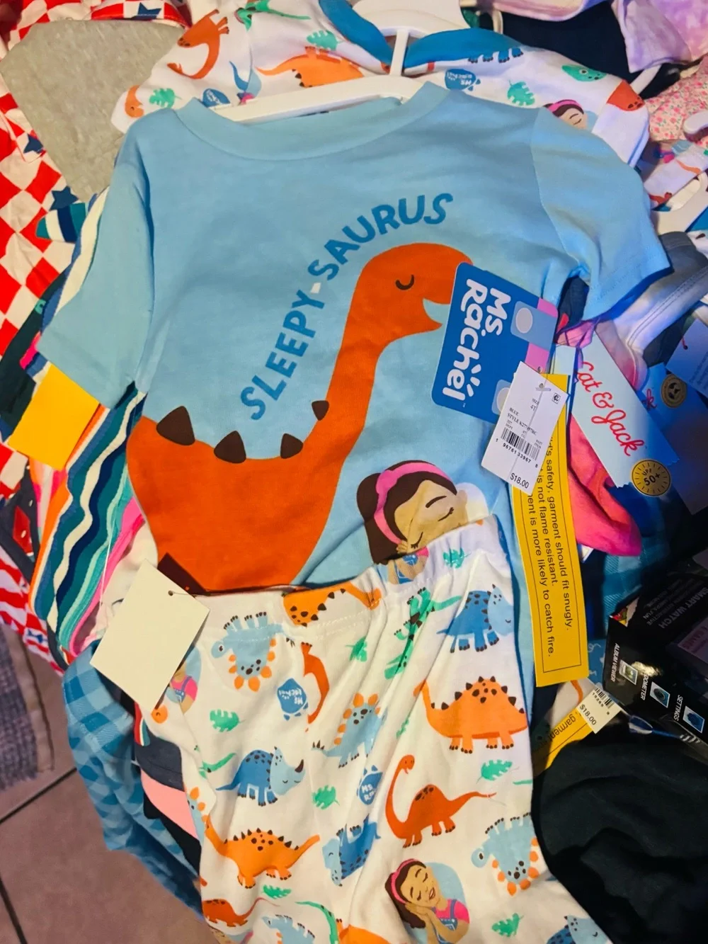 Sleepy-Saurus Kids Pajama Set - Light Blue & Orange